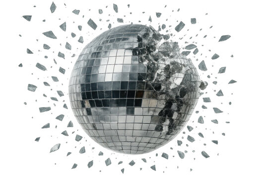 Disco ball shattering into many pieces with glass shards exploding, symbolizing ending parties and broken dreams, transparent background