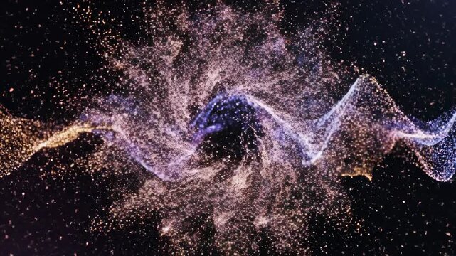 Abstract background of billions of luminous small particles assembling and dissolving into rhythmic shifting shapes creating a mesmerizing and energetic spatial flow flow, small, complexity