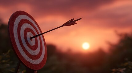 An arrow precisely strikes the bullseye of a target during a dramatic sunset symbolizing success and focus