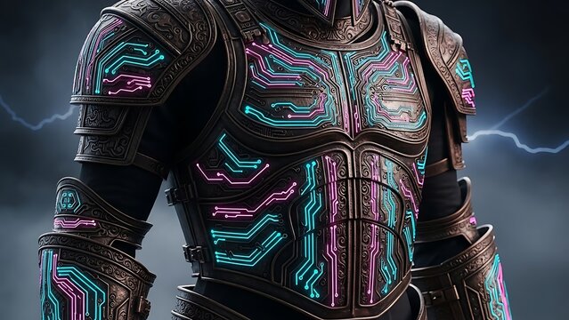 Cybernetic knight armor with glowing circuit patterns and lightning