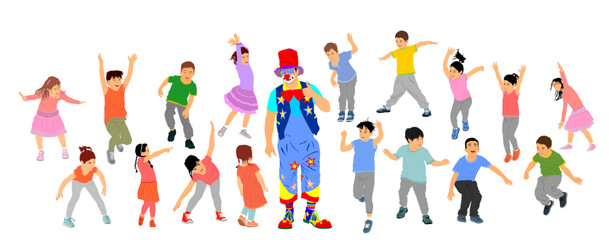 Smiling children happy birthday party clown animator vector illustration isolated. Joyful kids little boys, girls fun laughing. Funny boy jumping playing game. Spread hands child enjoy, daughter, son.