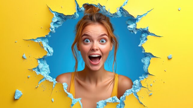 A joyful young woman gazes through a hole in a vibrant, ruined wall, shards of color bursting outward in a moment of happiness