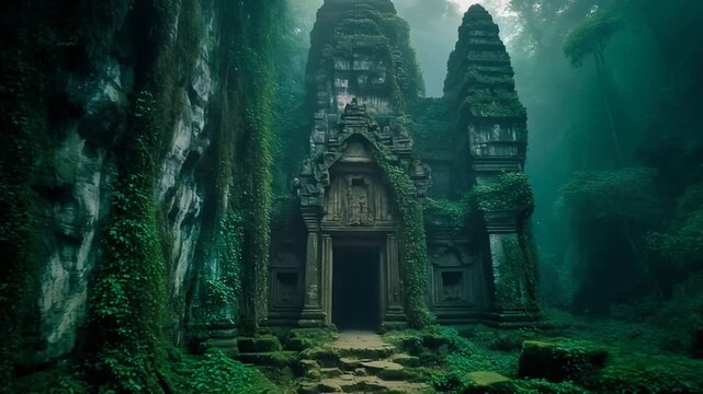 Massive temple ruins carved into a vertical cliff face covered in vines and illuminated by warm mystical fog.