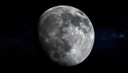 Naklejka premium A close-up view of the moon in space, showcasing its textured surface and craters. The background features stars in the dark universe