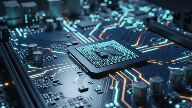 Closeup of a glowing circuit board with a central processing unit