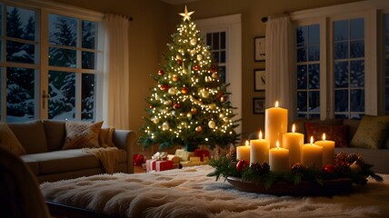 Cozy Christmas Living Room with Advent Candle Centerpiece and Fireplace