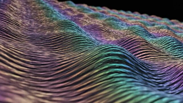 Abstract digital art rendering of flowing iridescent holographic sine waves creating a complex, seamless, deep geometric texture suitable for backgrounds background, network, technology