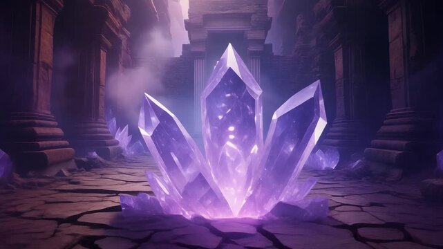 Temple ruins with giant translucent crystal shards emerging from cracked stone floors in mystical violet fog.