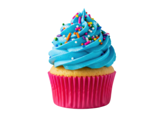Hyperrealistic macro close-up of a perfect vanilla cupcake in a bright pink liner, featuring a high swirl of vibrant azure blue frosting and rainbow sprinkles, strong bokeh, transparent background,