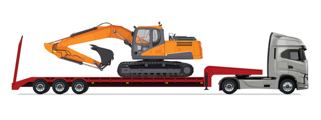 Fototapeta premium truck side view trailer load semi road haul dig big large long lorry excavator icon design template work auto under work power drive carry cargo wheel mover