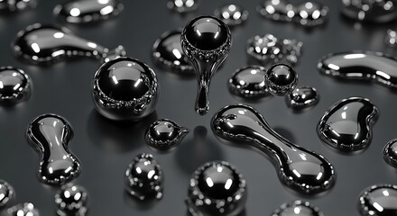 Dynamic metallic liquid droplets showcasing surface tension on a dark background