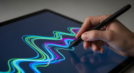 Hand using a stylus on a tablet drawing colorful lines against a dark background on the digital device