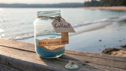 Jar of sand by the beach with a tag to collect horizons and memories from the seaside in a serene landscape setting