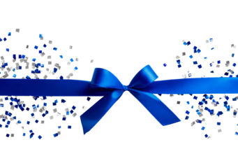 Blue ribbon with confetti on transparent background