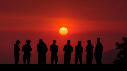 Fototapeta premium Silhouettes of a group of people watching a vibrant crimson sunset over a mountain ridge
