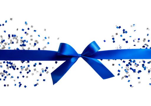 Blue ribbon with confetti on transparent background