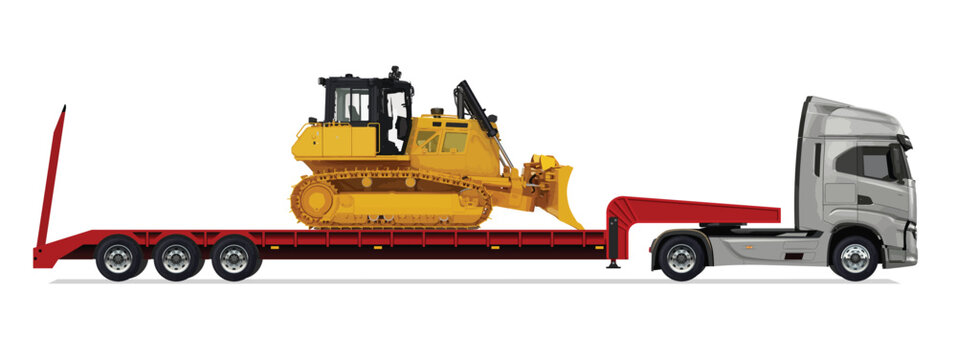 truck side view trailer load semi road haul dig big large long lorry bulldozer icon design template work build auto under work power drive carry cargo wheel mover