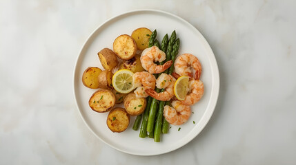 Asparagus with potatoes and shrimp on a white plate
