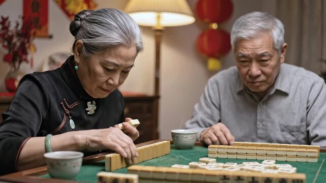 Elderly Chinese couple plays mahjong intently. Festive Lunar New Year table glows warmly. Seniors sip tea amid red lanterns and tiles. Traditional holiday joy at home.