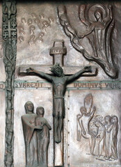 Crucifixion, detail of the giant bronze door in the Basilica of the Annunciation, Nazareth, Israel