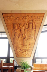 "Except ye be converted, and become as little children, ye shall not enter into the kingdom of heaven", Wood carvings in church above Peter's house in Capernaum on the Sea of Galilee, Israel