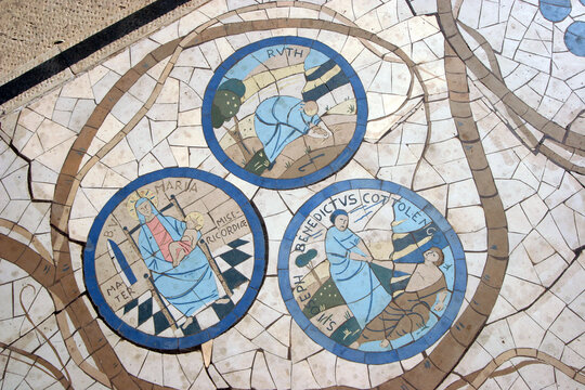 Floor mosaic in front of the Church of the Beatitudes, the traditional place where Jesus gave the Sermon on the Mount, Galilee, Israel