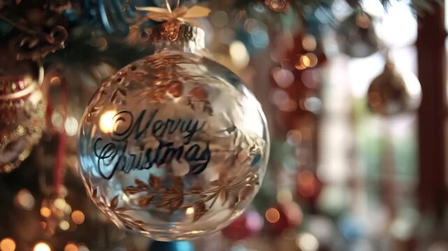 Decorative ornament hanging on a festive christmas tree with blurred lights - Powered by Adobe