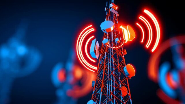 Telecommunication tower with glowing red signals and optic equipment transmits wireless data, networking, and antenna signals to communicate efficiently in modern digital server infrastructure