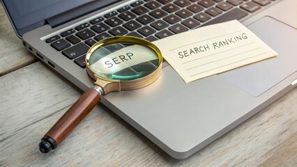 Magnifying glass on laptop displaying SERP with notepad labeled Search Ranking, SEO concept for digital marketing analysis and research