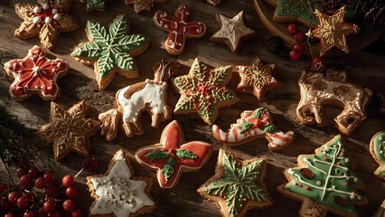 Festive holiday treats: artistic assortment of christmas cookies on rustic