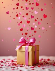 Obraz premium A vertical romantic setup featuring a gold gift box with a pink bow placed at the base of a warm gra