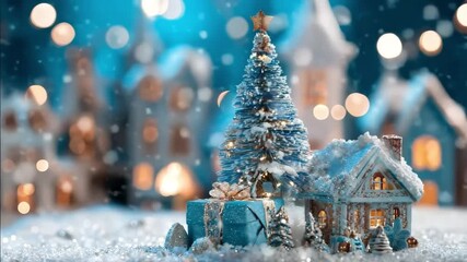Tranquil miniature winter wonderland scene featuring a festive small village and decorated christmas tree - Powered by Adobe