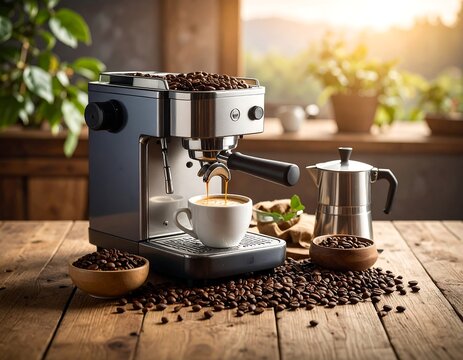 Modern espresso machine brewing coffee on a wooden table