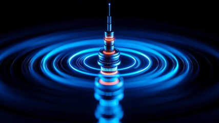 Futuristic server tower with glowing optic rings symbolizes networking and communicate technology digital data center, radiating blue light and energy, featuring vibrant blue and orange effects - Powered by Adobe