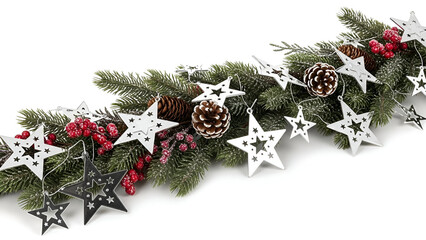 Christmas fir branch garland with white star ornaments pine cones and berries on a white background holiday decoration border