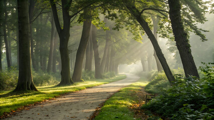 Misty morning sun rays on forest path