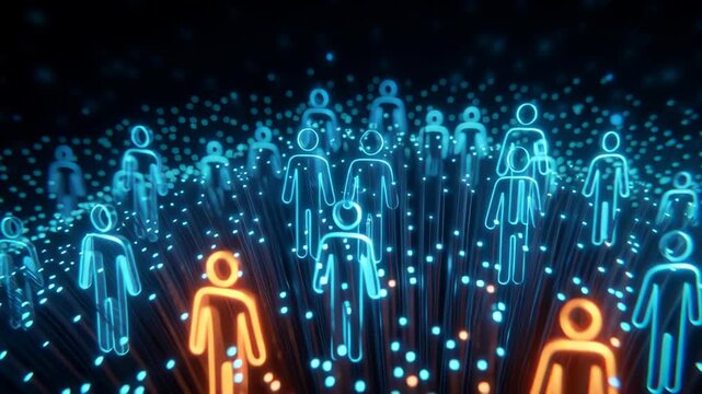 Server and optic technology connect people digital networking environment to communicate efficiently with glowing blue and orange icons representing data flow, enabling networking and digital