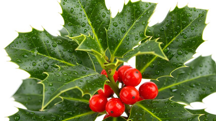 Vibrant green holly leaves and bright red berries close up traditional christmas decoration winter holiday flora