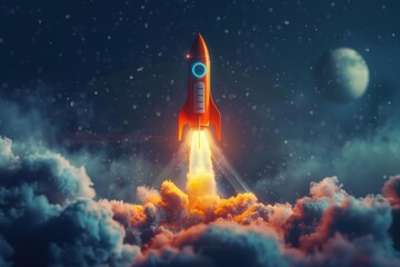 Naklejka premium Orange rocket launching from earth to the moon at night, surrounded by clouds