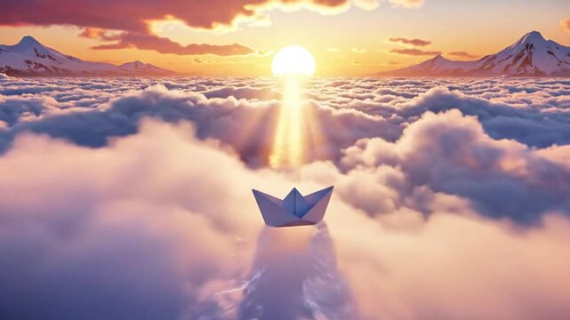 A paper boat sailing across a sea of clouds at sunrise.