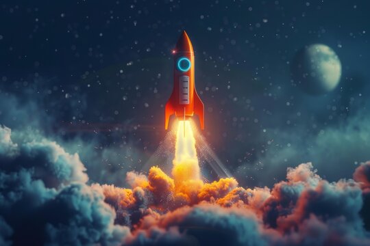 Orange rocket launching from earth to the moon at night, surrounded by clouds