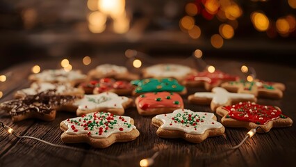 Festive homemade Christmas cookies displayed on rustic wooden surface setting