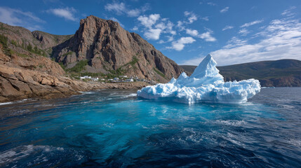 Majestic iceberg floating in clear blue ocean waters, surrounded by rocky cliffs and lush greenery, showcasing the beauty of nature and the power of the elements