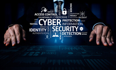 A business professional hands rest on a table filled with cyber security concepts, highlighting the importance of protection, detection, and prevention of digital threats. Tessel
