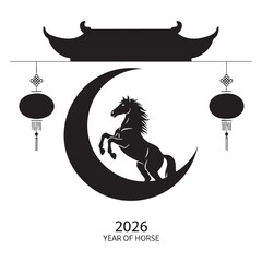 Year of the Horse 2026 illustration with horse silhouette on crescent moon and lanterns
