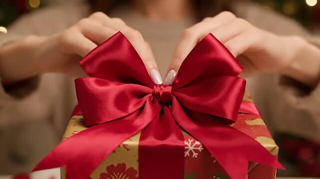 Woman's hands tying red ribbon on beautifully wrapped gift box with floral pattern