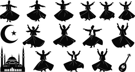 Sufi Whirling Dervishes Black Silhouette Set, Islamic Culture Mevlevi Dance Figures, Traditional Mosque Building, Crescent Moon and Star Symbol Vector, Isolated on White.