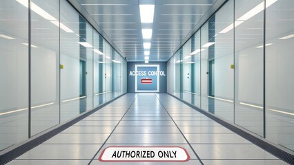 Modern corridor with access control sign and reflective surfaces in a secure facility, emphasizing security measures and technology