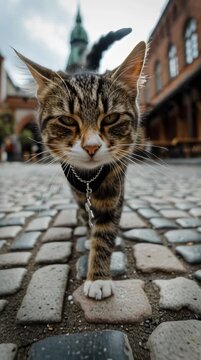 Un gato atigrado avanza con elegancia por un adoqu&iacute;n, con una catedral de fondo.