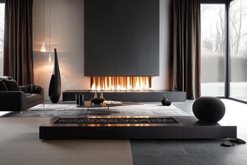 Naklejka premium Cozy and warm interior design with fireplace burning on snowy winter day